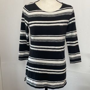 T By Talbots Women's Blue  Striped Blouse 3/4 Sleeve Open Back Button PS